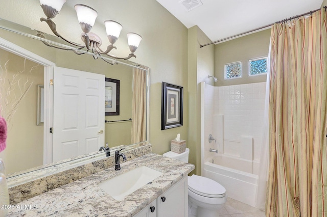 full bathroom with tile patterned floors, toilet, a chandelier, shower / tub combo, and vanity