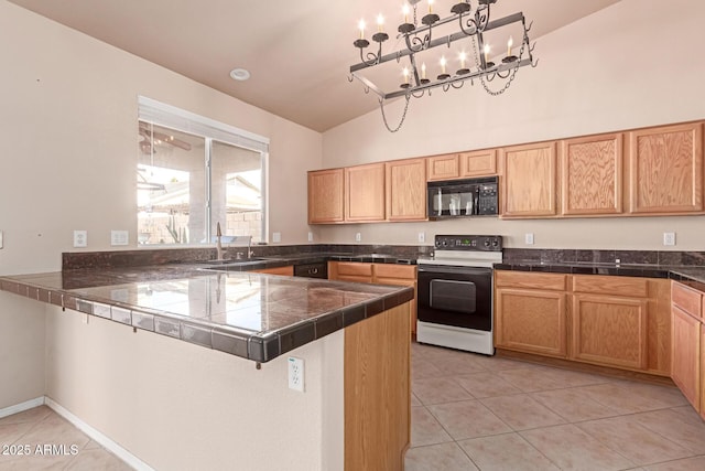 kitchen with sink, kitchen peninsula, range with electric cooktop, vaulted ceiling, and light tile patterned floors