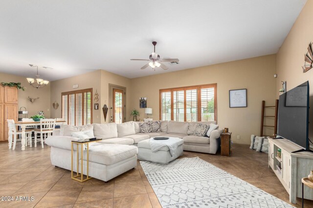 living room featuring ceiling fan