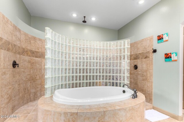 bathroom with vanity, separate shower and tub, and tile patterned floors