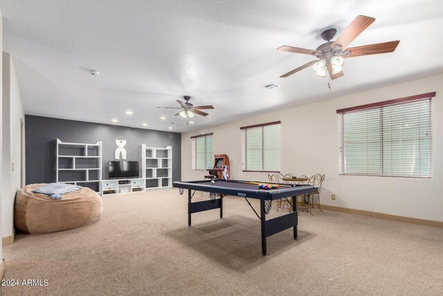 playroom featuring ceiling fan, billiards, and light carpet