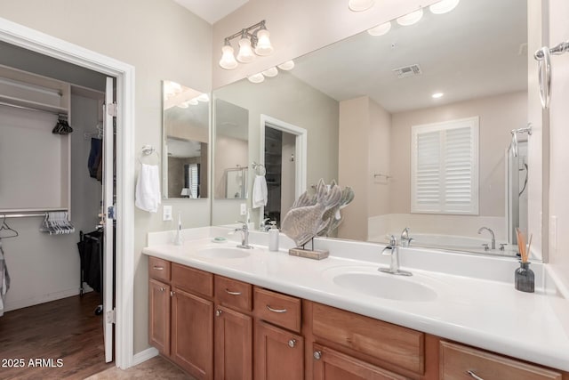 full bathroom featuring double vanity, a walk in closet, and wood finished floors