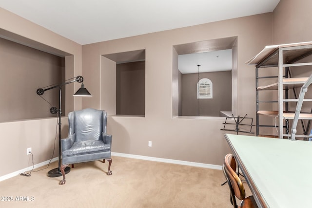 sitting room with baseboards and carpet flooring