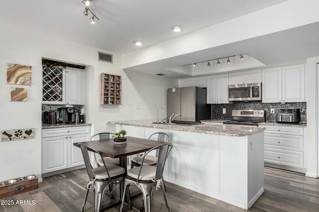 kitchen featuring dark wood-style floors, visible vents, decorative backsplash, appliances with stainless steel finishes, and a sink