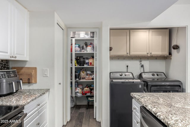 interior space featuring washing machine and dryer, cabinet space, and wood finished floors