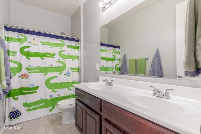 full bath with toilet, tile patterned floors, double vanity, and a shower with shower curtain