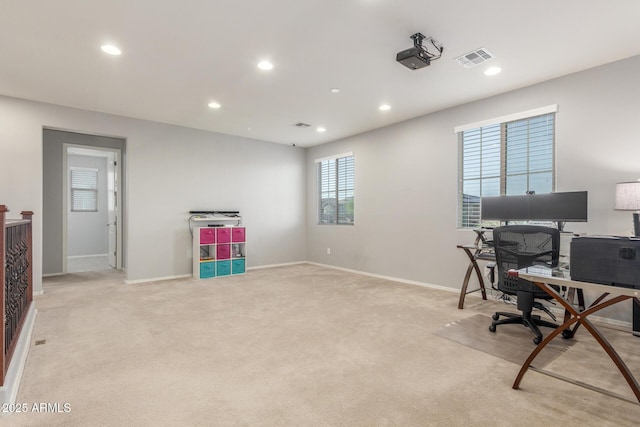 office area with light carpet, baseboards, and recessed lighting