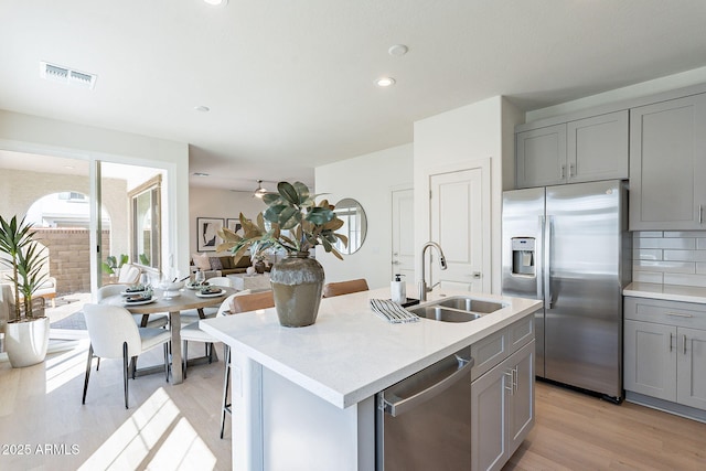 kitchen featuring appliances with stainless steel finishes, gray cabinetry, a sink, light wood finished floors, and light countertops