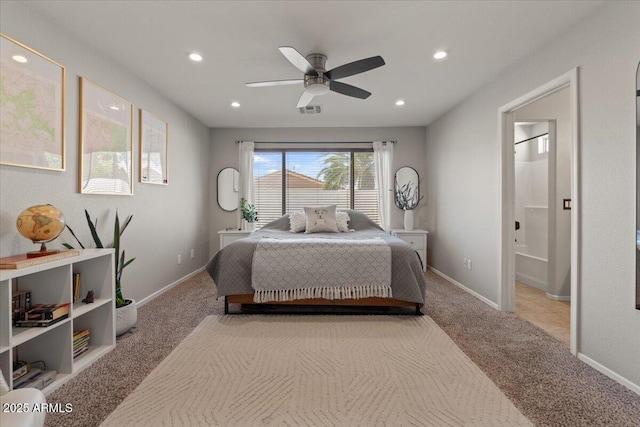 1703 E Palo Blanco Way, Gilbert, AZ 85296 - bedroom featuring carpet flooring, recessed lighting, ensuite bathroom, baseboards, and a ceiling fan