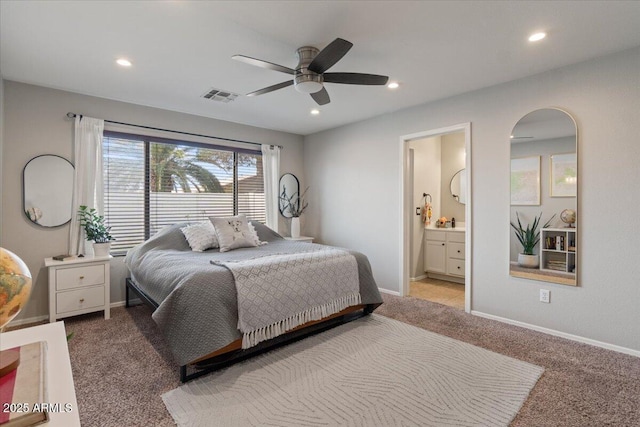 1703 E Palo Blanco Way, Gilbert, AZ 85296 - bedroom featuring carpet floors, recessed lighting, ensuite bathroom, a ceiling fan, and baseboards