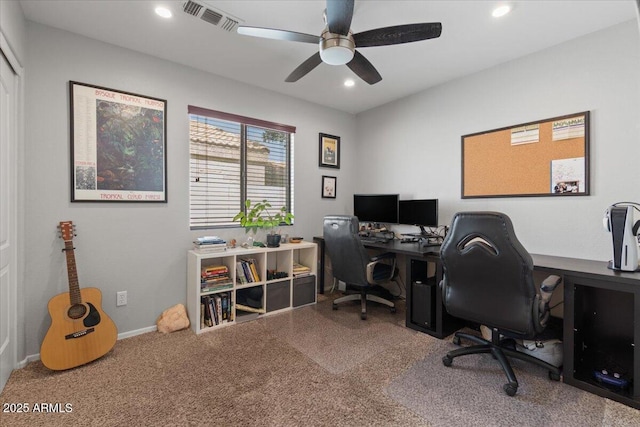 1703 E Palo Blanco Way, Gilbert, AZ 85296 - home office featuring recessed lighting, carpet floors, a ceiling fan, and baseboards