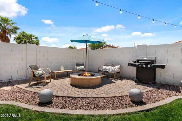 1703 E Palo Blanco Way, Gilbert, AZ 85296 - fenced backyard with an outdoor fire pit, grilling area, and a patio area