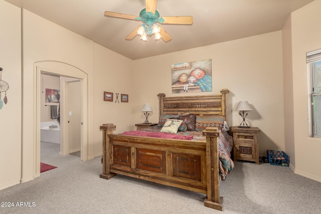 bedroom with ceiling fan and light carpet