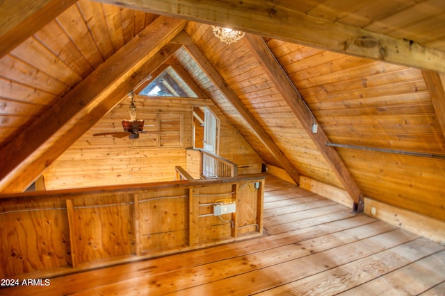 bonus room with wooden ceiling, wood walls, lofted ceiling with beams, and wood finished floors