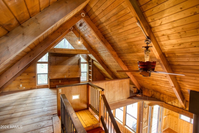 additional living space with light wood-type flooring, wooden walls, and lofted ceiling with beams