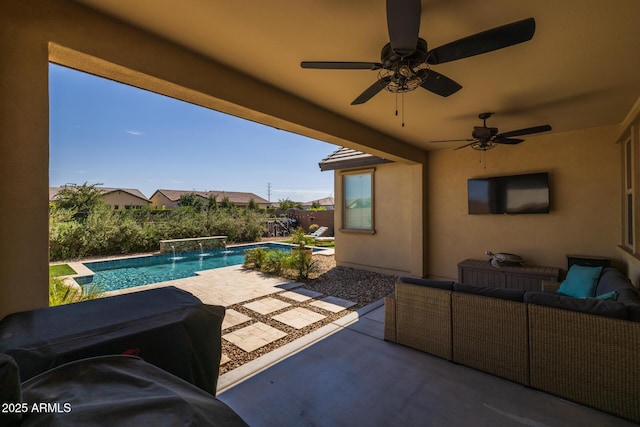 view of patio / terrace with pool water feature, grilling area, outdoor lounge area, and a fenced in pool