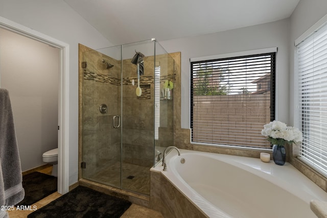 full bath with a wealth of natural light, toilet, a bath, and a shower stall