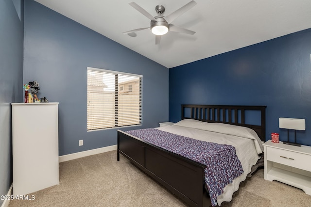 bedroom featuring baseboards, carpet, lofted ceiling, and a ceiling fan