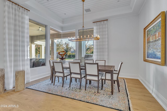 dining area featuring wood-type flooring, wooden ceiling, crown molding, a raised ceiling, and ceiling fan with notable chandelier