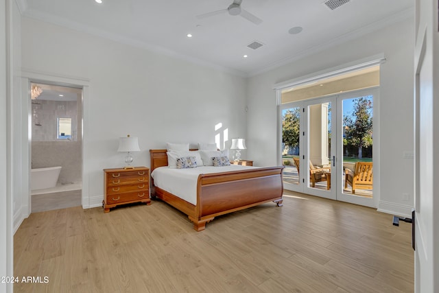 bedroom featuring connected bathroom, light wood-type flooring, access to outside, and ceiling fan