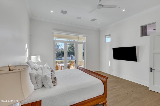 bedroom with french doors, access to exterior, wood-type flooring, ornamental molding, and ceiling fan