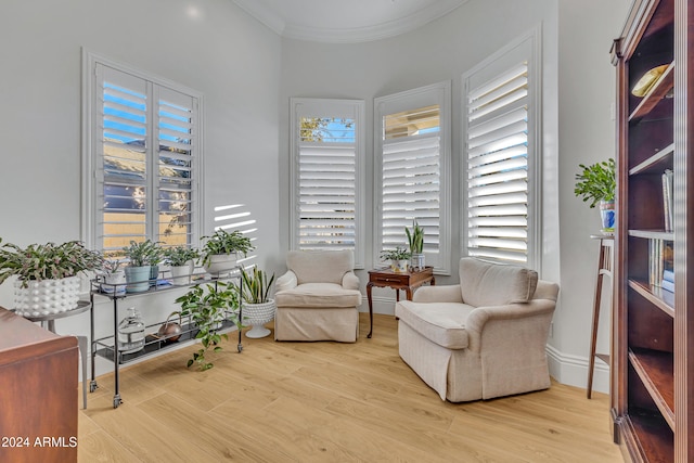 living area featuring light hardwood / wood-style floors and crown molding