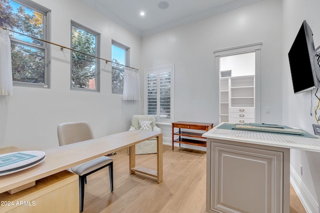 office featuring light hardwood / wood-style floors and ornamental molding