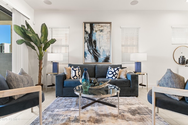 living room featuring light tile patterned floors