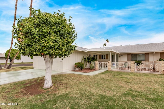 single story home featuring driveway, a garage, a porch, fence, and a front lawn