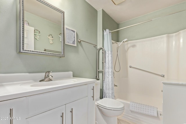 full bath with toilet, shower / tub combo, and vanity