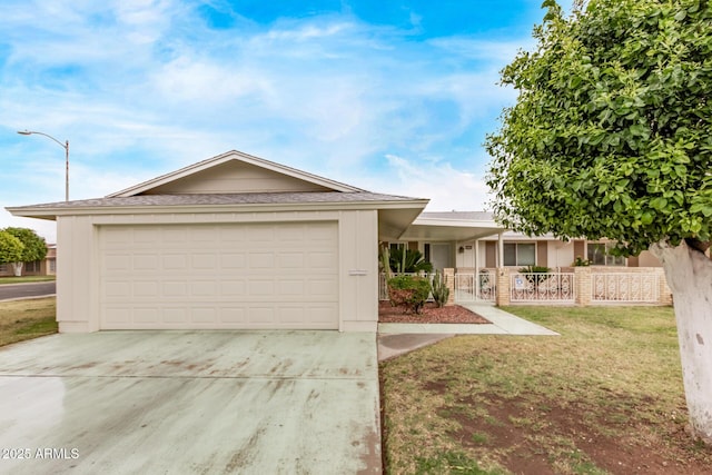 single story home featuring concrete driveway, a front lawn, an attached garage, and fence