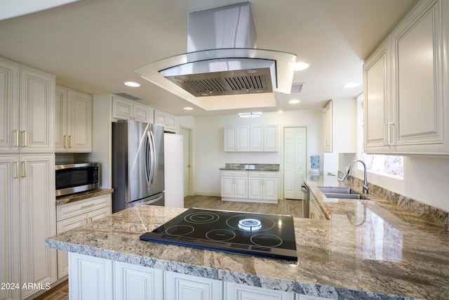 kitchen with hardwood / wood-style flooring, sink, white cabinetry, island range hood, and appliances with stainless steel finishes