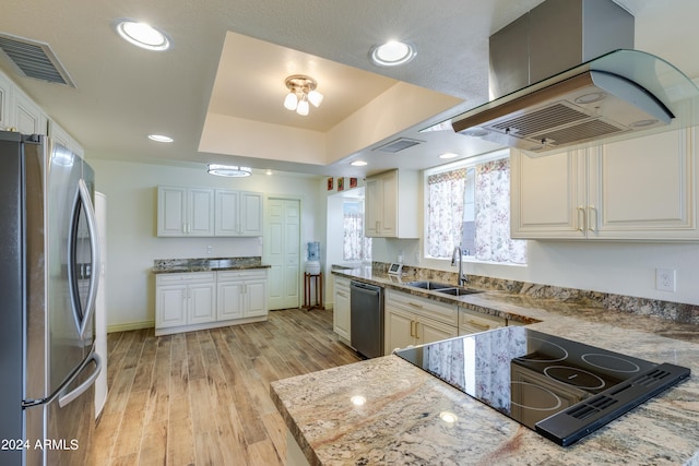 kitchen with appliances with stainless steel finishes, sink, light hardwood / wood-style flooring, and white cabinets