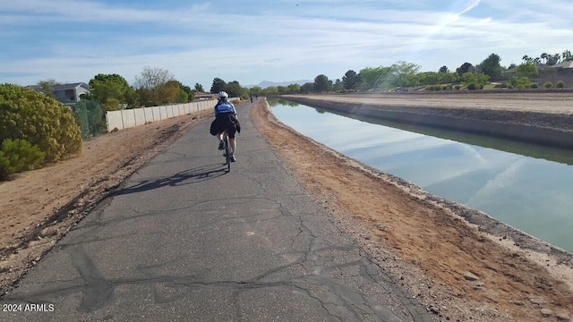 view of street with a water view