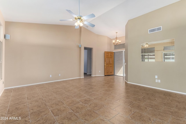 14766 W Piccadilly Rd, Goodyear, AZ 85395 - unfurnished room with visible vents, baseboards, high vaulted ceiling, stone finish flooring, and ceiling fan with notable chandelier