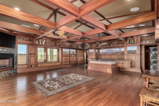 8752 E Range Rider Trl, Mesa, AZ 85207 - sunroom featuring stacked washer / dryer, beamed ceiling, and coffered ceiling