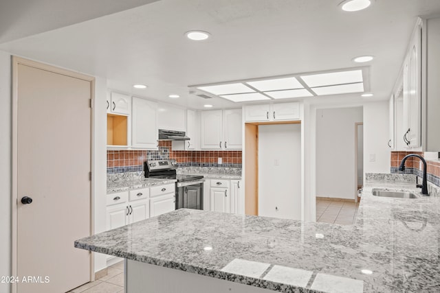 kitchen with white cabinets, kitchen peninsula, stainless steel electric stove, and sink