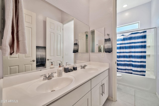 bathroom with shower / bath combination with curtain, double vanity, a sink, and tile patterned floors