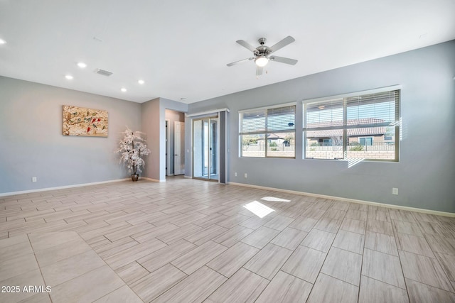 unfurnished room featuring visible vents, baseboards, a ceiling fan, and recessed lighting