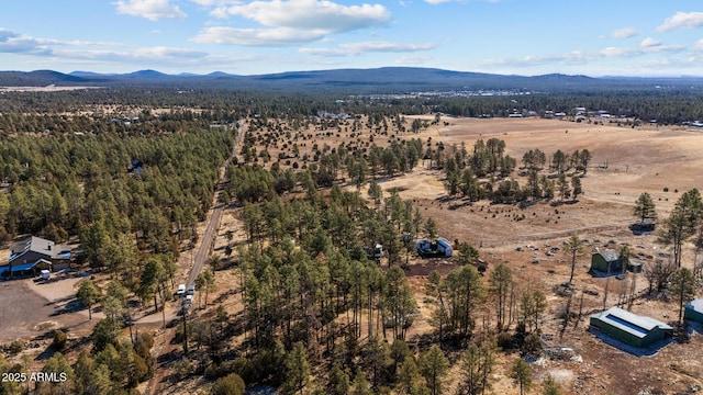 aerial view featuring a mountain view and a wooded view