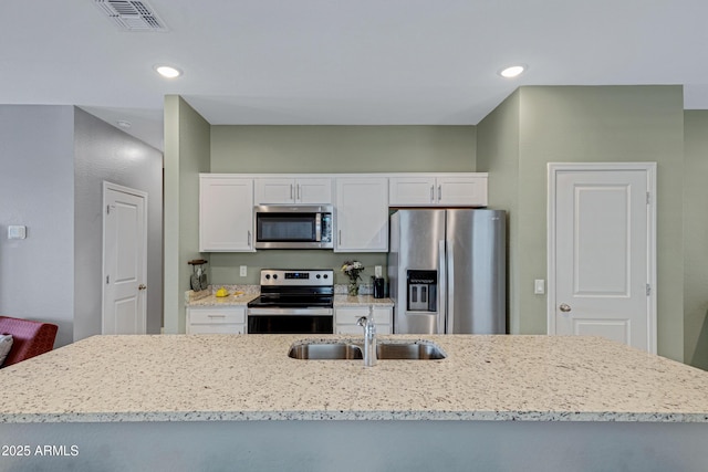 kitchen featuring light stone counters, a sink, visible vents, white cabinetry, and appliances with stainless steel finishes