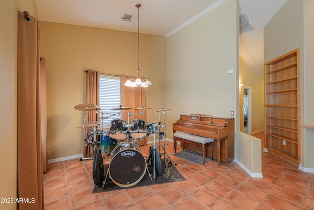 dining space featuring vaulted ceiling, light tile patterned floors, and an inviting chandelier