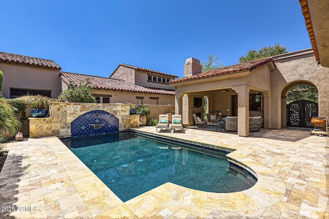 view of pool featuring a fenced in pool, a ceiling fan, a patio, and fence