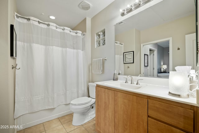 bathroom featuring visible vents, toilet, shower / tub combo with curtain, tile patterned flooring, and vanity