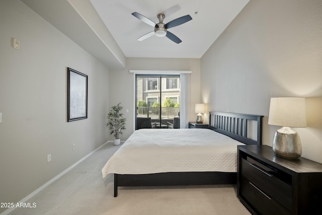 bedroom featuring a ceiling fan, access to outside, light colored carpet, and baseboards