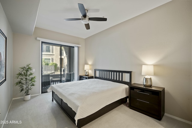 bedroom with baseboards, light carpet, and access to outside