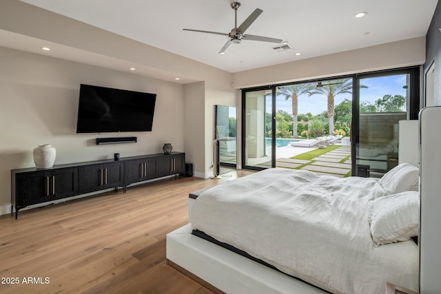 9148 N 66th Pl, Paradise Valley, AZ 85253 - bedroom with access to exterior, light wood-style flooring, recessed lighting, baseboards, and a ceiling fan