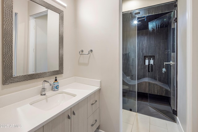 9148 N 66th Pl, Paradise Valley, AZ 85253 - bathroom with vanity, a shower stall, tile patterned floors, and baseboards