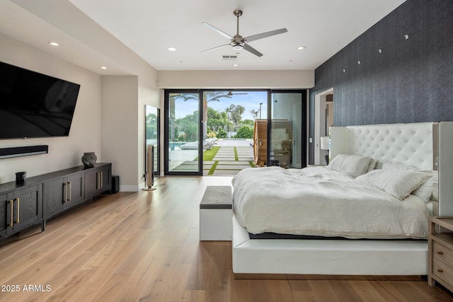 9148 N 66th Pl, Paradise Valley, AZ 85253 - bedroom featuring access to exterior, recessed lighting, light wood finished floors, baseboards, and a ceiling fan