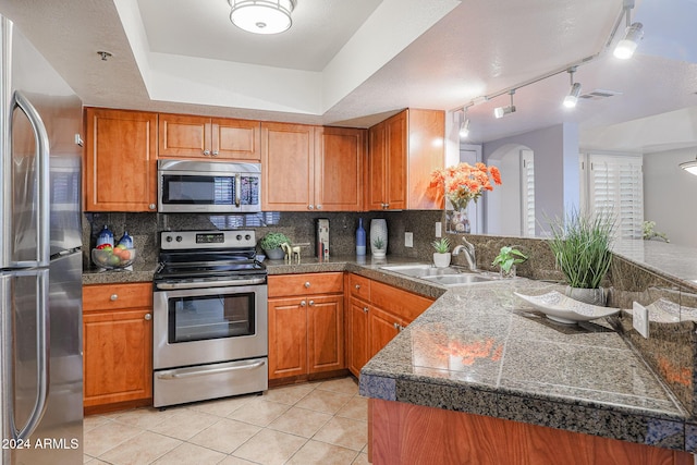 kitchen with a tray ceiling, decorative backsplash, sink, and appliances with stainless steel finishes